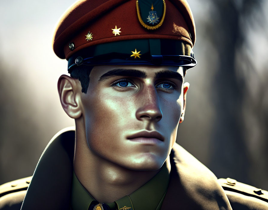 Detailed digital artwork: man in military uniform with cap, facial features, blurred woodland backdrop.