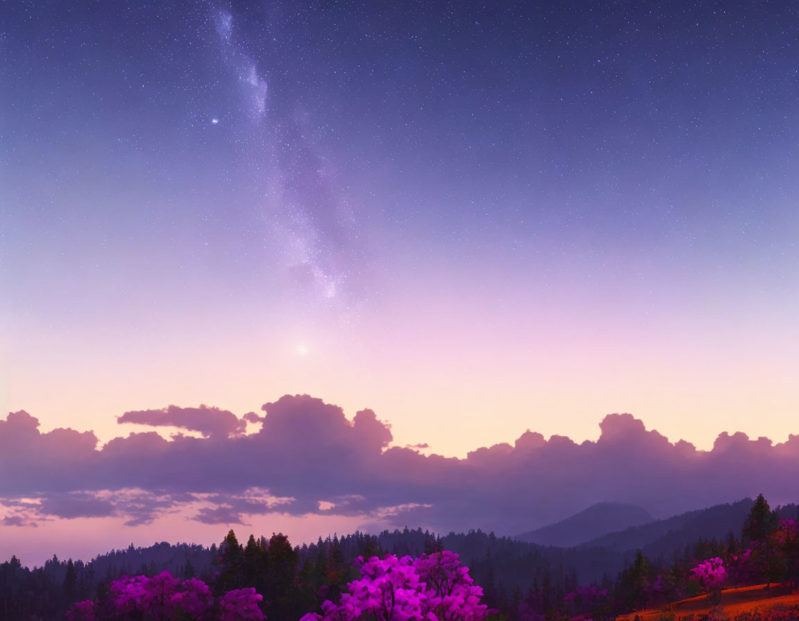 Stunning Milky Way over serene landscape with purple flowers