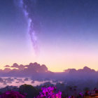 Stunning Milky Way over serene landscape with purple flowers