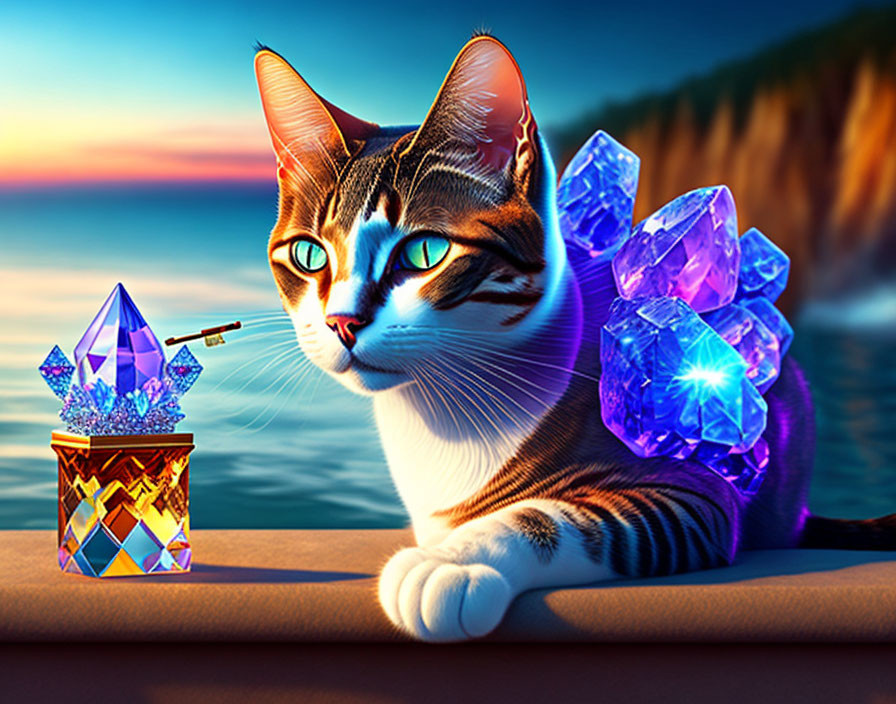 Digitally altered image: Cat with blue eyes and crystals on ocean sunset.