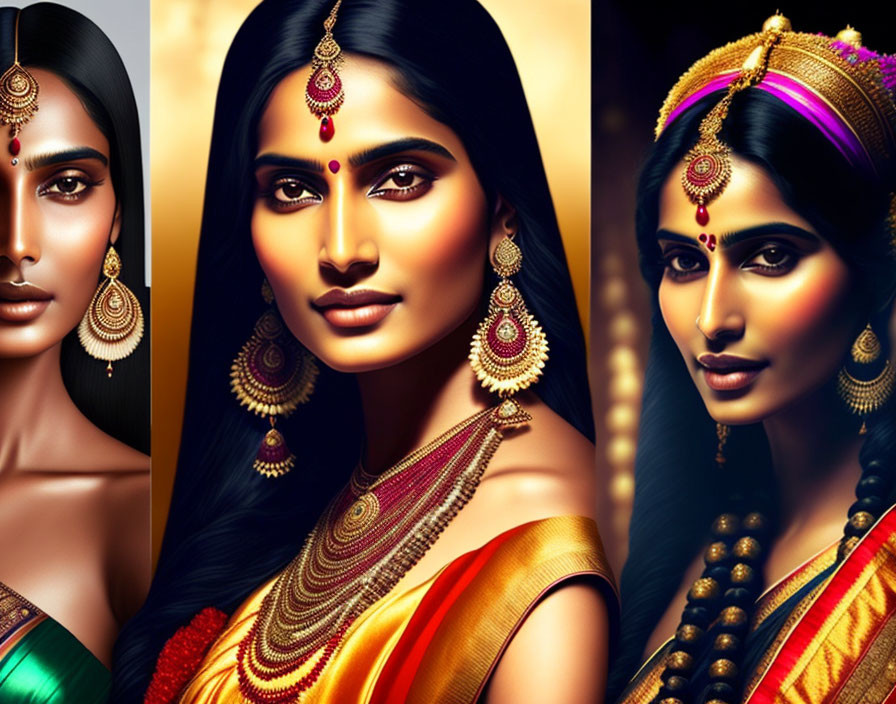 Artistic representations of women in traditional Indian attire and jewelry with henna designs.