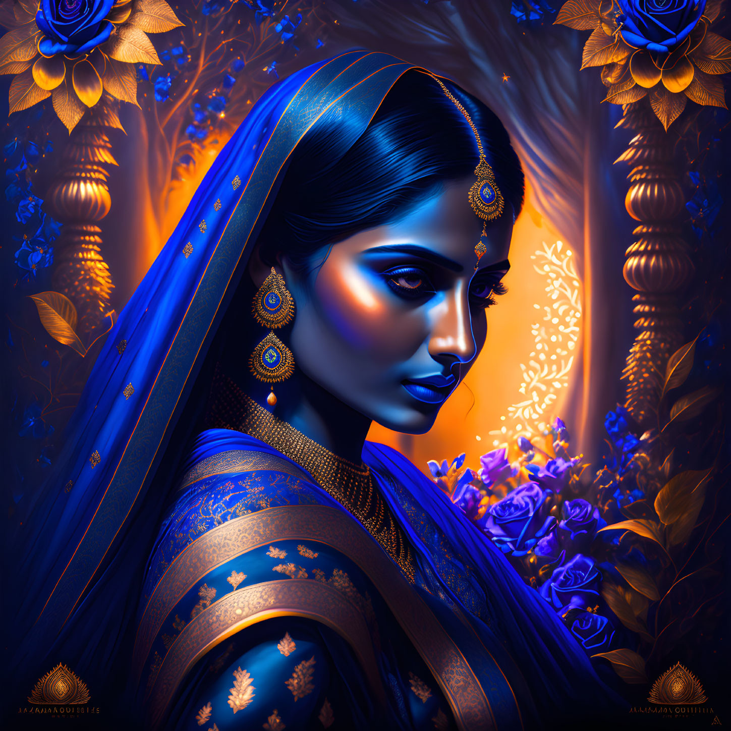 Illustration of woman in traditional Indian attire with serene expression in blue tones against floral backdrop