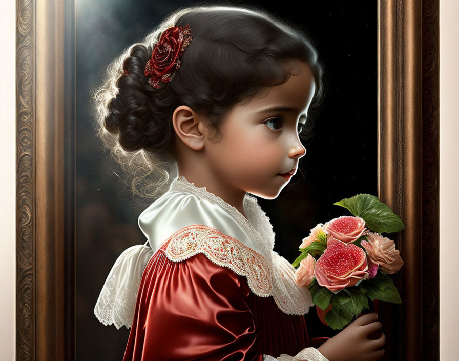 Portrait of young girl in red dress with roses by window