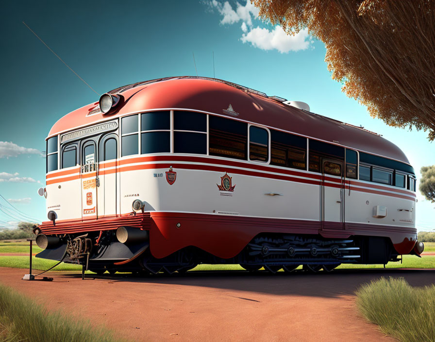 Vintage red and cream train on rural tracks with scenic landscape.