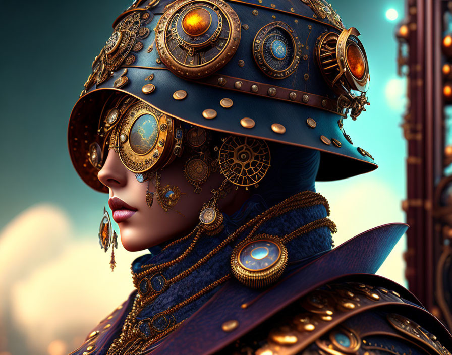 Steampunk-themed woman in brass gear helmet and shoulder piece