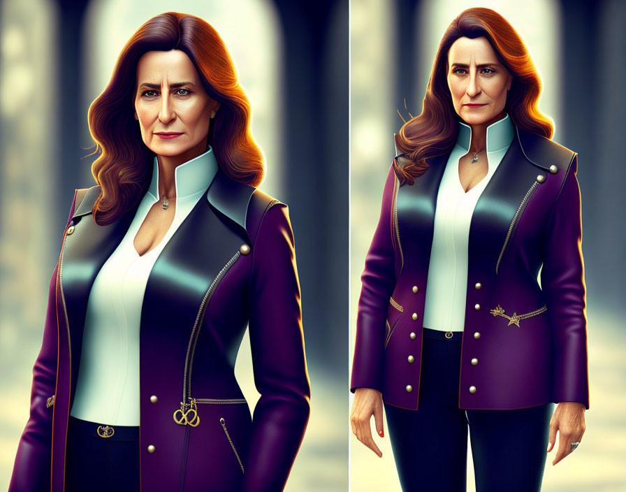 Digital portrait of a confident woman in purple leather jacket, white blouse, and black pants.