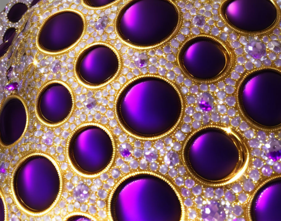 Decorative object with purple circles, gold rings, and clear crystals on purple background