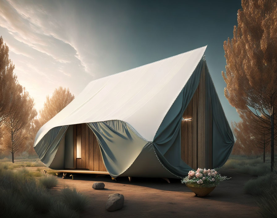 Contemporary tent structure with draped white canvas in wooded setting