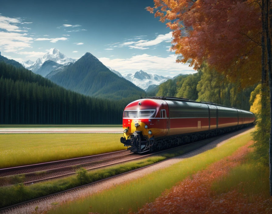 Red train journey through vibrant landscape with green fields, autumn trees, and snowy mountains.