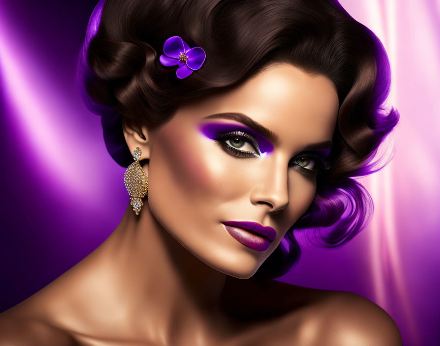 Woman with Purple Eyeshadow and Flower in Hair Displaying Elegant Earring