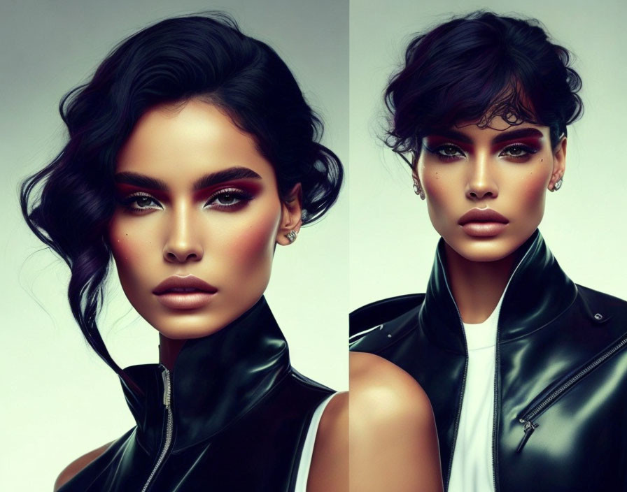 Digital artwork featuring woman in striking makeup and sleek black leather outfit