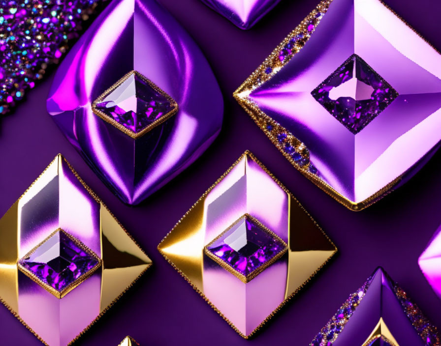 Vibrant Purple and Gold Geometric Shapes with Jewels on Shimmering Background