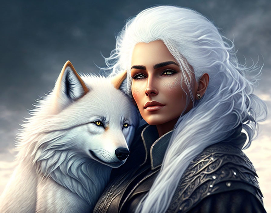 Digital Art: Woman with White Hair and White Wolf in Serene Pose