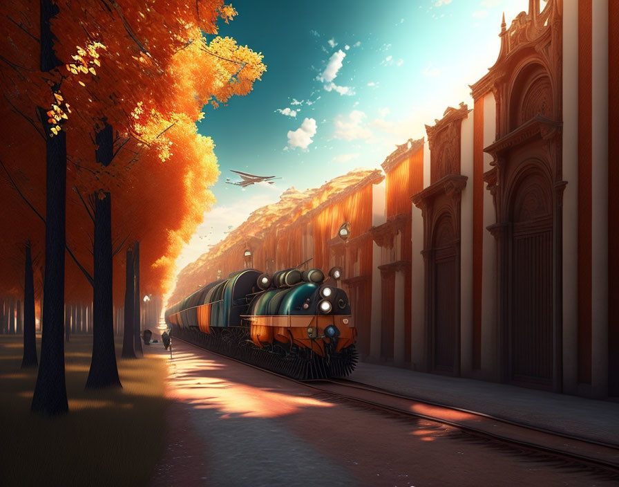 Historical buildings and autumn trees with vintage train under sunset sky.