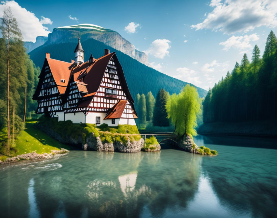 Half-timbered building with red roof and tower in lush valley by river, mountains and forest