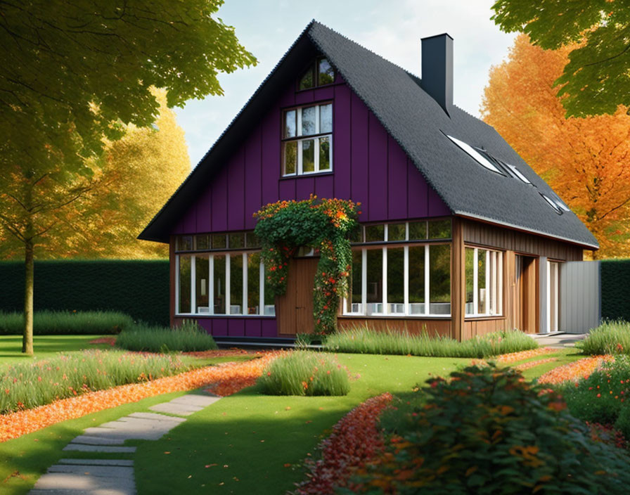 Vibrant Purple Thatched Roof House with Large Windows and Autumn Trees