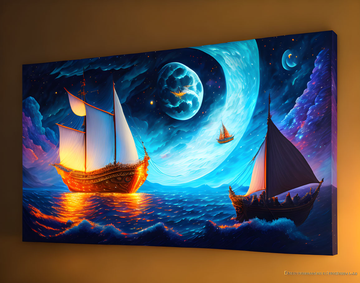 Surreal canvas art: two sailing ships on blue sea, moon, stars