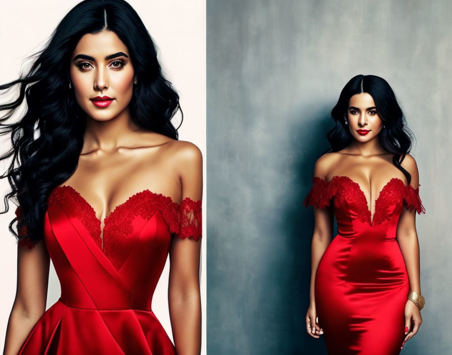 Two women in red lace dresses pose against grey backdrop