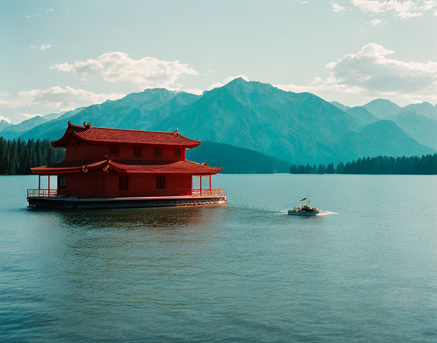 Red Pagoda on Lake with Boat, Mountains, and Blue Sky