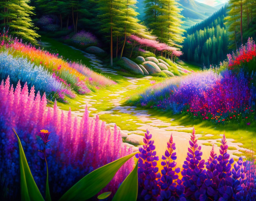 Colorful Painting: Lush Pathway Through Blooming Forest