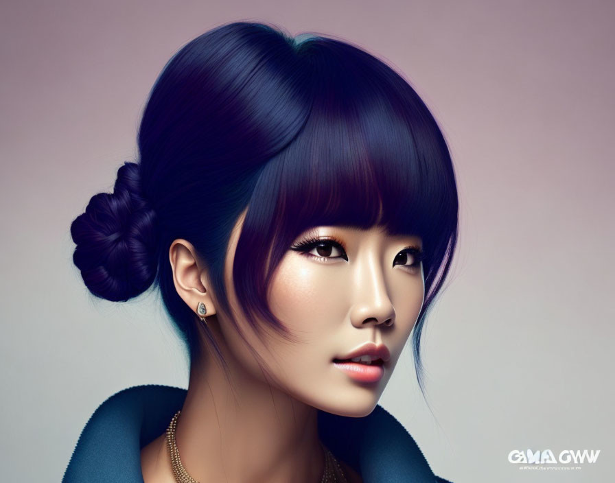 Asian Woman with High Bun Hairstyle and Glowing Skin on Pastel Background