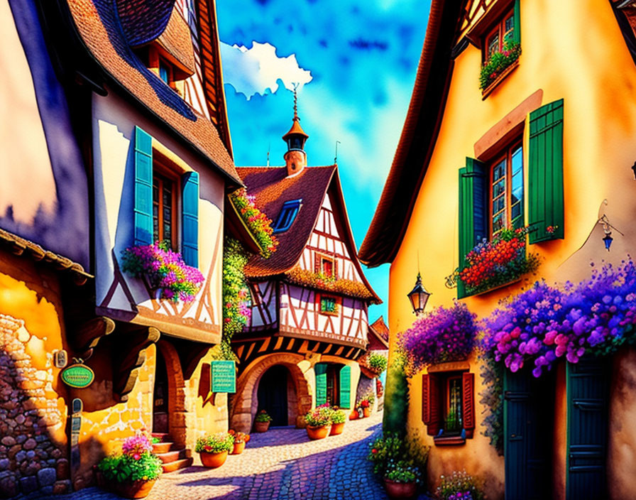 Vibrant European-style village street with colorful half-timbered buildings and flowers