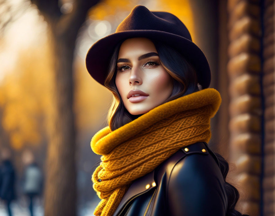 Fashionable woman in wide-brimmed hat, yellow scarf, and leather jacket in autumn setting