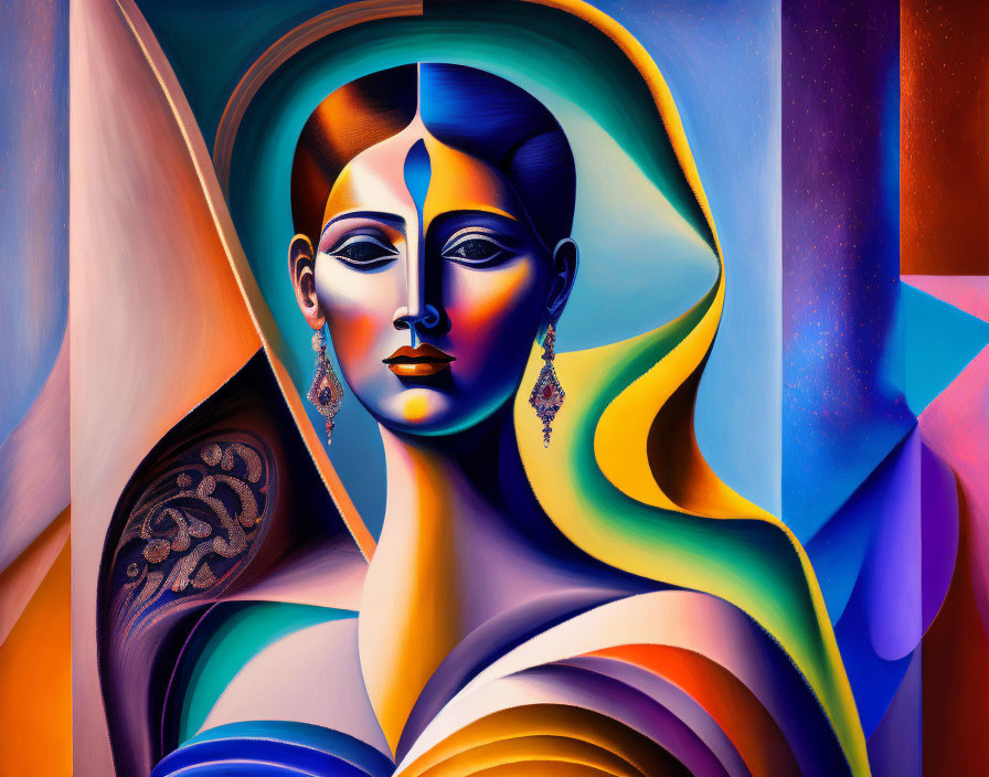 Abstract painting: Stylized woman with bold colors & geometric shapes