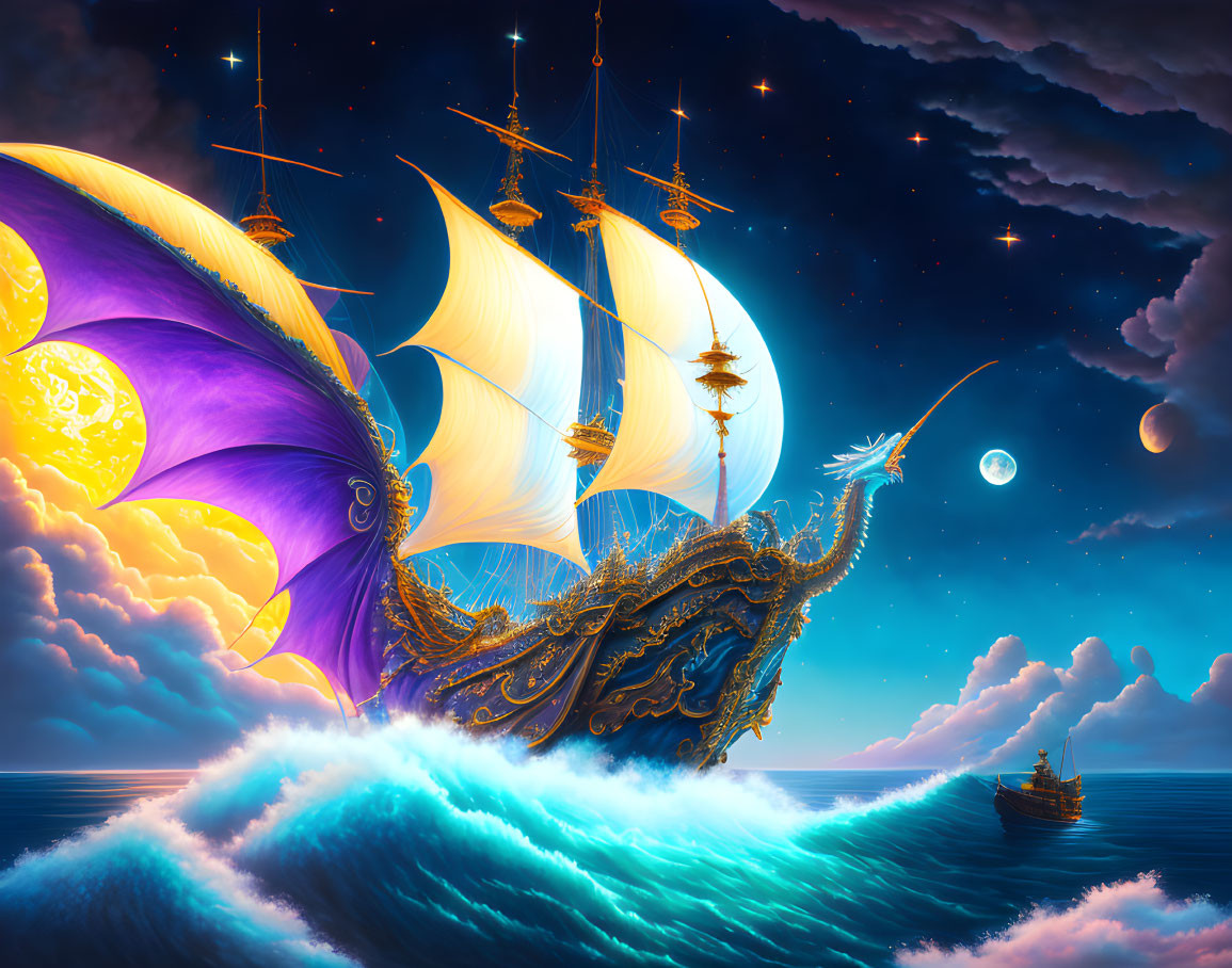 Fantastical ship with purple butterfly wing sails on moonlit waves