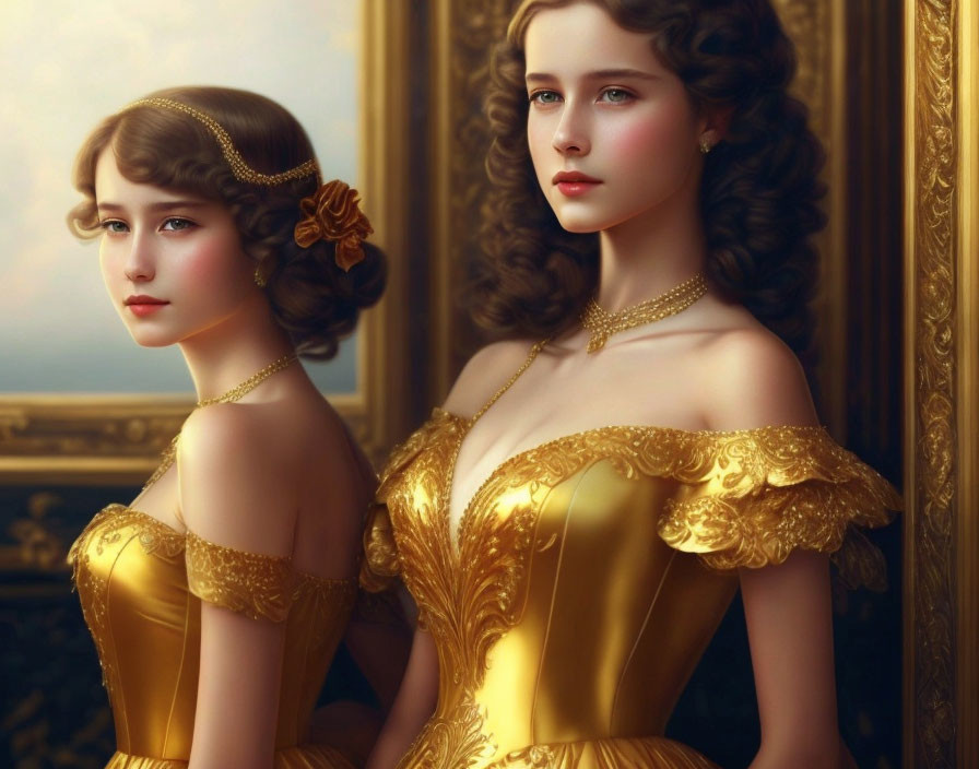 Two women in elegant golden dresses with intricate embroidery and classic hairstyles.