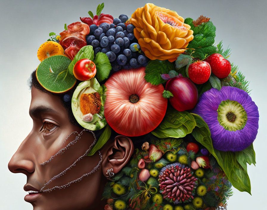 Person with Vibrant Fruit, Vegetable, and Flower Headdress Symbolizing Abundance