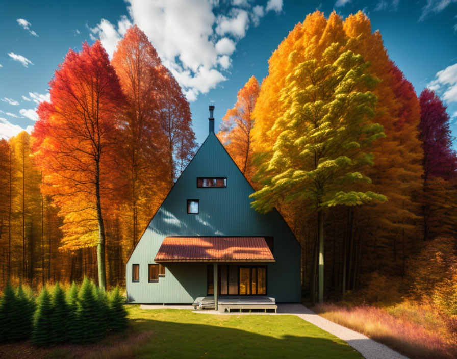 Cozy A-Frame House Surrounded by Autumn Trees