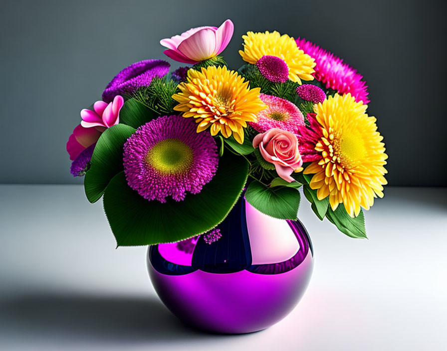 Colorful Mixed Flowers in Purple Vase on Gray Surface