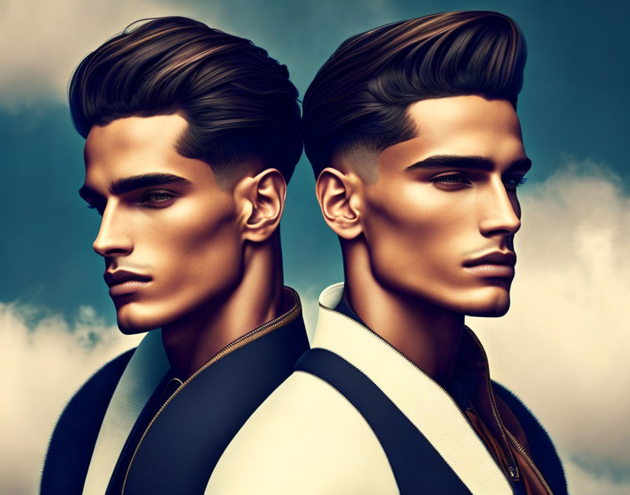 Stylized male figures with sleek haircuts on blue background