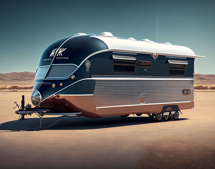 Shiny black and silver retro-futuristic trailer on arid landscape