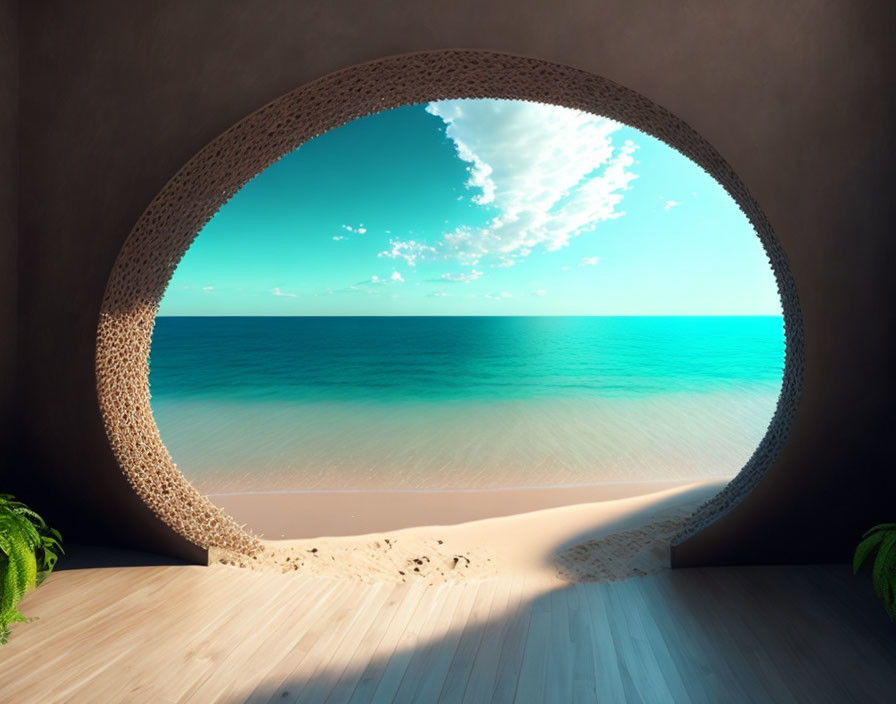 Tranquil beach scene through oval window in serene room