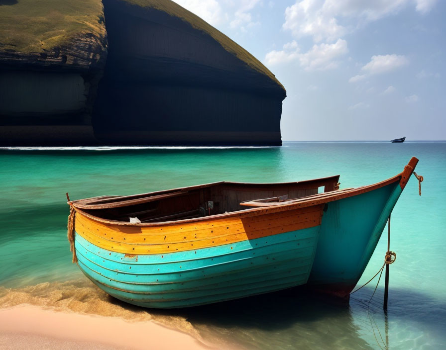 Colorful Wooden Boat on Sandy Beach with Turquoise Waters and Cliff Background