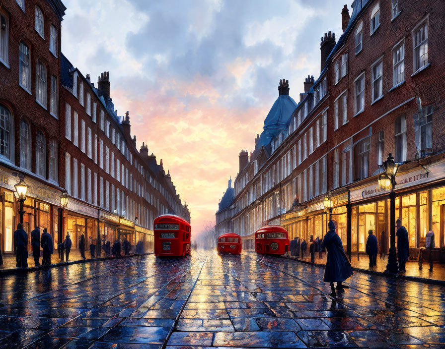 Cityscape at Dusk: Wet Cobblestones, Red Buses, Historic Buildings