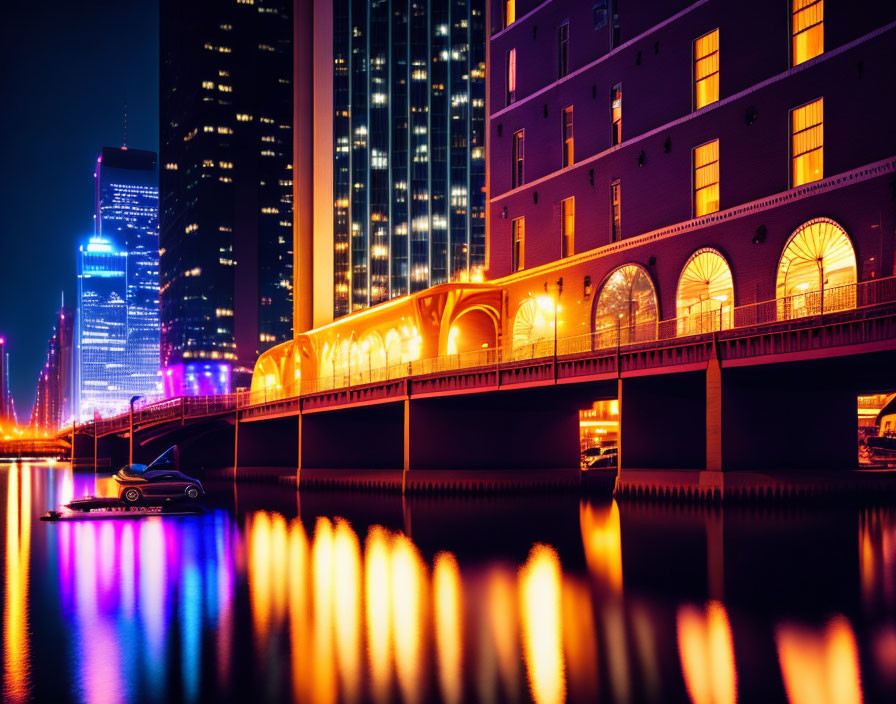 Night scene of illuminated bridge and buildings with city lights and parked cars