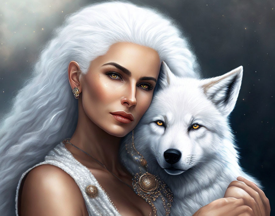 Woman and white wolf bond under starry sky