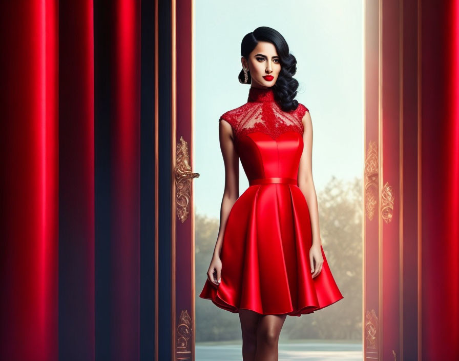 Woman in Red Dress Standing by Window in Luxurious Room