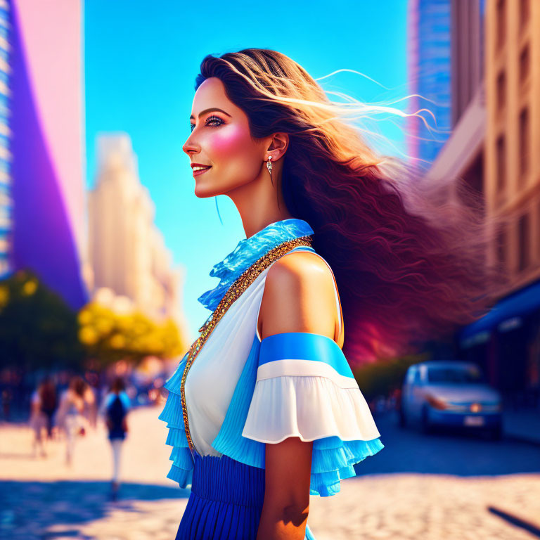 Woman with long flowing hair in colorful sleeveless dress strolls confidently on sunny city street