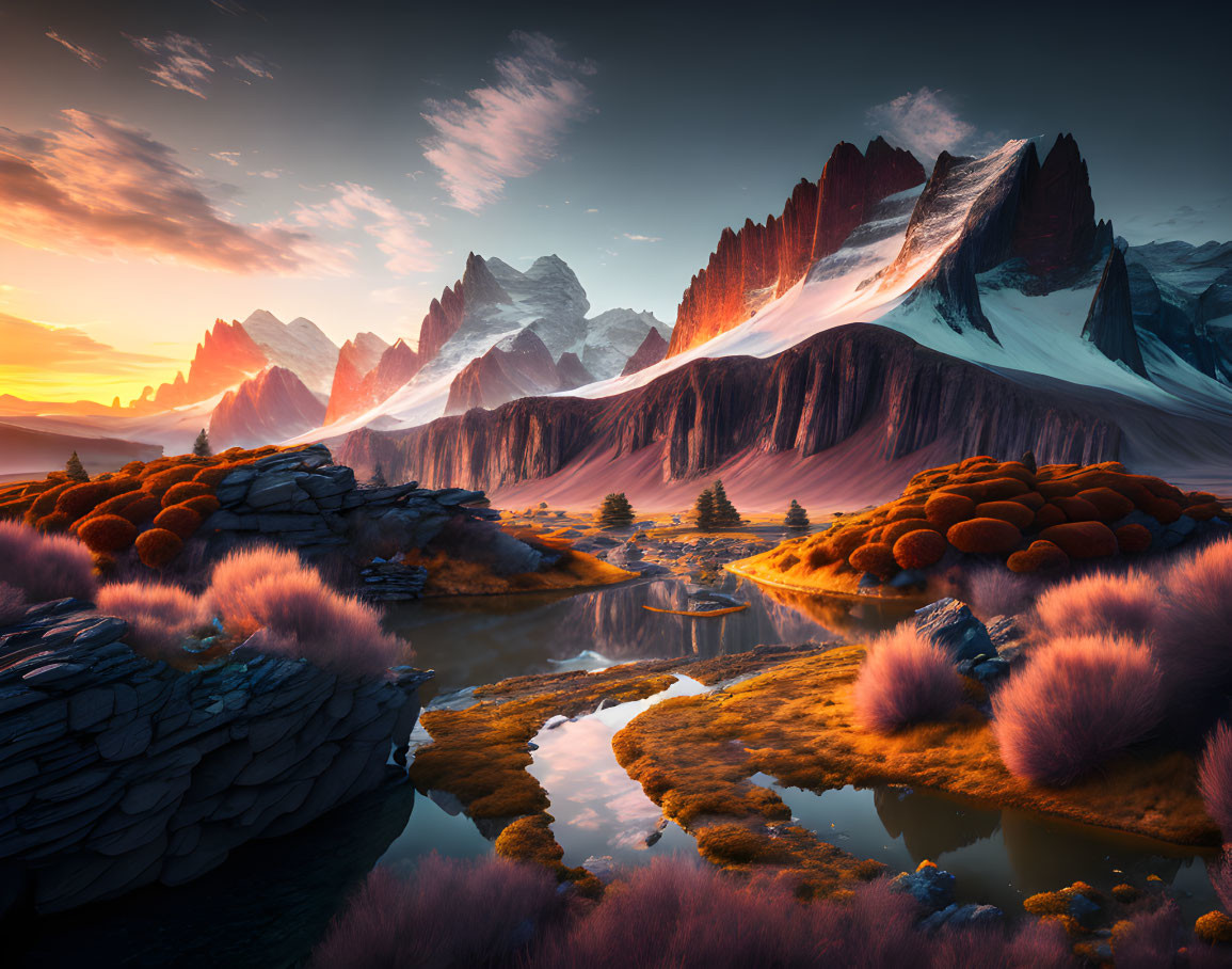 Serene lake sunrise: majestic mountains, reddish glow, colorful flora