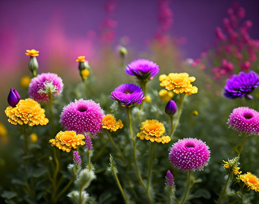 Colorful Garden Featuring Purple and Yellow Flowers on Blurred Background