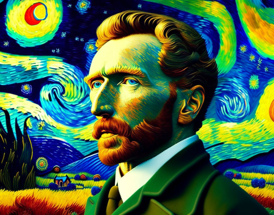 Stylized portrait with swirling starry night background in vivid colors