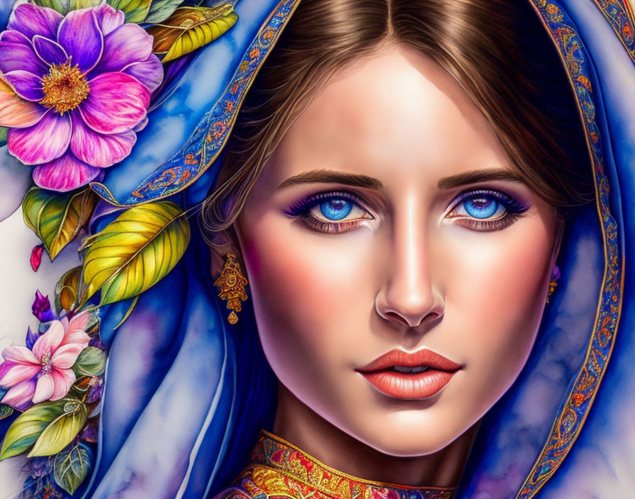 Colorful portrait of a woman with vibrant blue eyes and floral garment