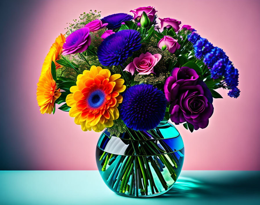 Vibrant flower bouquet in round glass vase on pink and blue backdrop