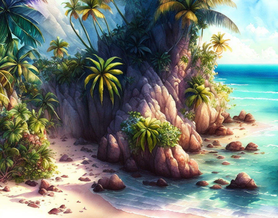 Tranquil tropical beach scene with palm trees, rocks, and clear blue waters