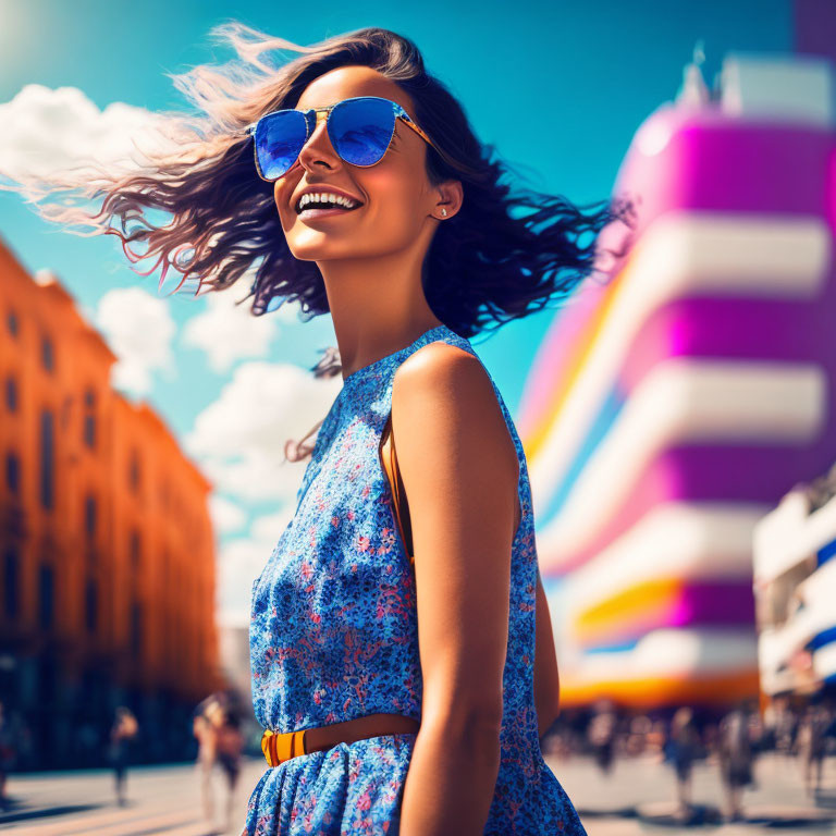 Smiling woman in blue floral dress on sunny street