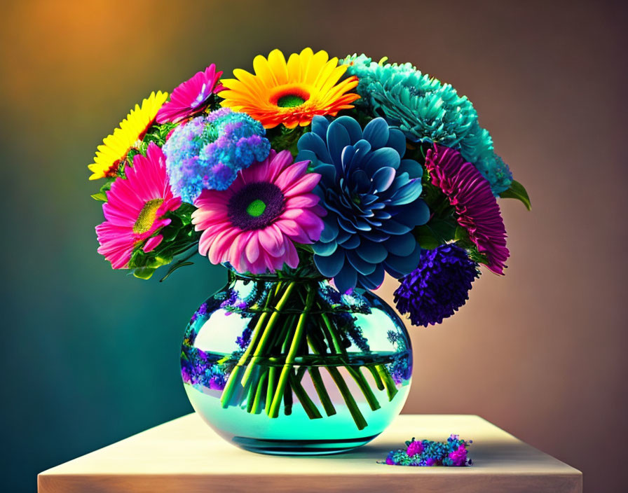 Colorful Flower Bouquet in Blue Vase on Wooden Surface